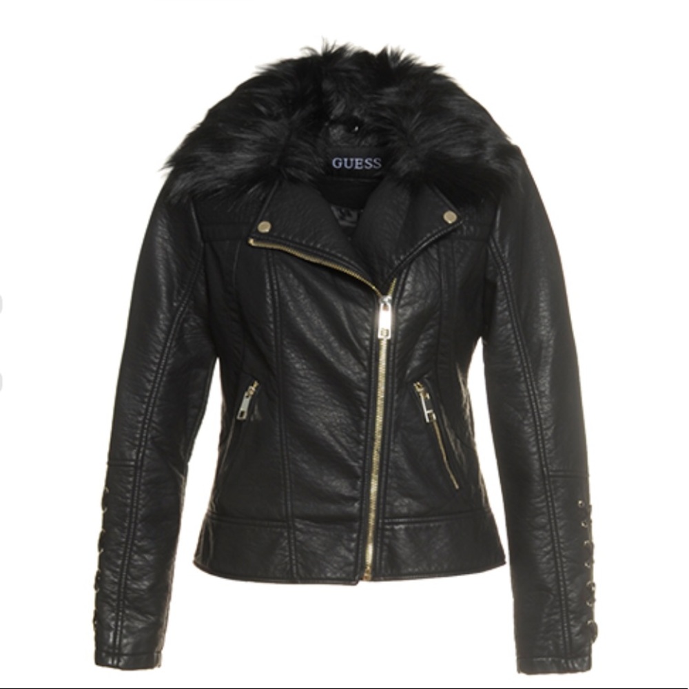 Guess Faux Leather Jacket-Faux Fur Trimmed Collar